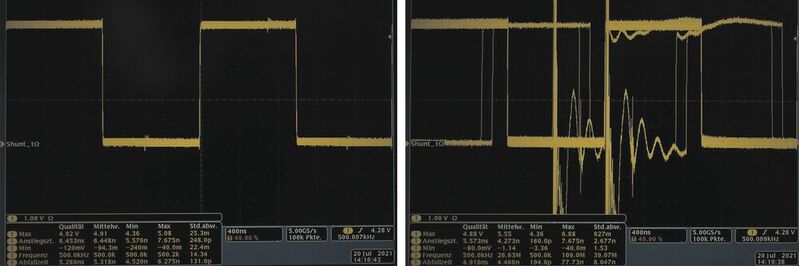 Bild 3: Störungen auf dem Signal beim geschirmten (links) und ungeschirmten (rechts) Steckverbinder.