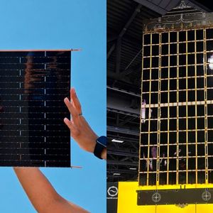 Die Solarmodule nutzen eine Schindel-Matrix-Verschaltung für die Solarzellen. In Kombi-nation mit kostengünstigen Silizium-Solarzellen ermöglicht dies Module zu deutlich geringeren Kosten zu fertigen. Links ein einzelnes Modul, rechts ein ganzer Flügel mit 108 Modulen. (Bild:  Fraunhofer ISE (links) / Source Energy Company (rechts))
