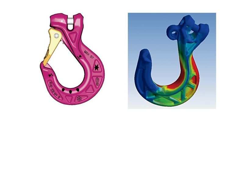 In Skelettbauweise konstruiert: Der FEM-gewichtsoptimierte ICE-Star-Haken ist bis zu 25 % leichter als Grade 80-Haken der nächst größeren Kette trotz großer Haken-Maulweite. (Archiv: Vogel Business Media)