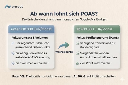 Ab wann lohnt sich POAS? Die Entscheidung hängt vom monatlichen Google-Ads-Budget ab.(Bild:  Pro Ads Marketing)