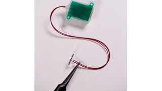 Die längliche Lasche (nahe der Spitze der Pinzette) ist der weiche, dehnbare Sensor. Der grüne Kasten ist die implantierbare „Basisstation“, die die elektrischen Komponenten für die Stromversorgung des Geräts und für die drahtlose Datenübertragung enthält. (Bild: Northwestern University)
