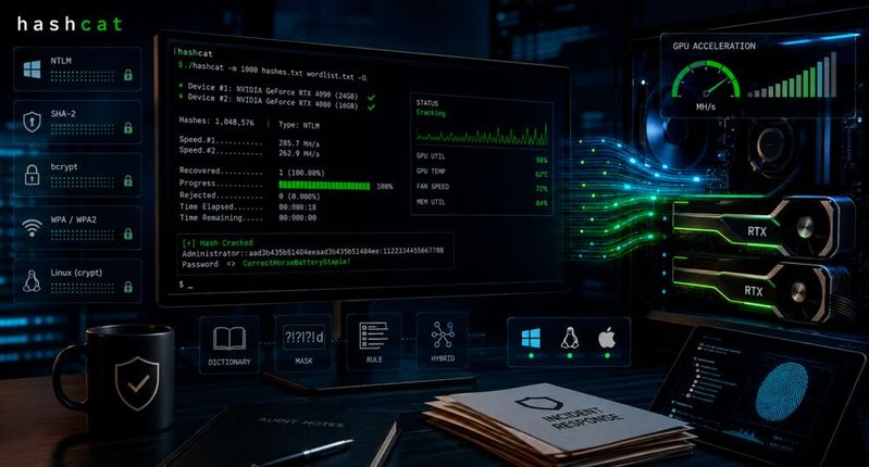 „Hashcat“ liefert IT-Verantwortlichen ein belastbares Instrument für Passwort-Audits, Incident Response und forensische Untersuchungen. Der Einsatz gehört ausschließlich in autorisierte Test- und Analyseumgebungen, in denen die Prüfung der eigenen Passworthygiene und Richtlinien im Vordergrund steht(Bild:  Dall-E / KI-generiert)