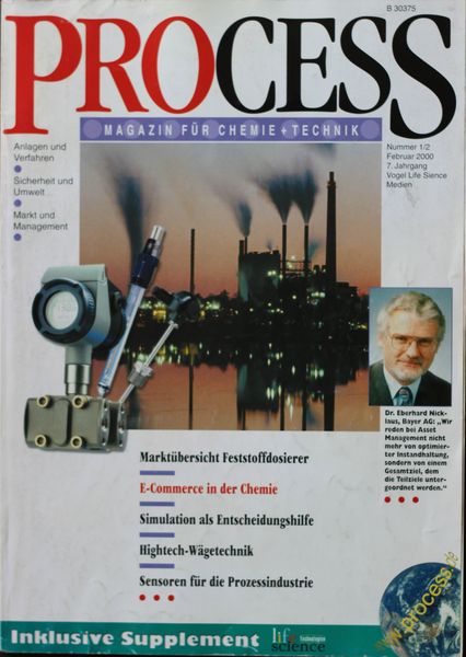 Januar/Februar 2000   Top Themen:  - Marktübersicht Feststoffdosierer - E-Commerce in der Chemie - Simulation als Entscheidungshilfe - Hightech-Wägetechnik - Sensoren für die Prozessindustrie (Bild: PROCESS)