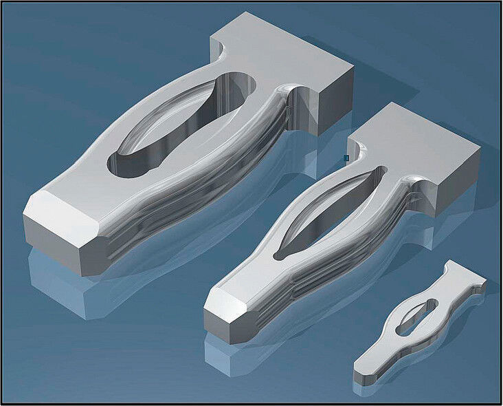 Verschiedene Baugrößen einer elastischen Einpresszone in Nadelöhrform. Von links: Elopin 08-16, Elopin 06-10 und Elopin 02-055. (Bild: TBS Sorig)