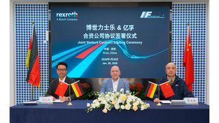 Feierliche Unterzeichung eines Joint Venture zwischen Bosch Rexroth und Xi'an IF Intelligent Equipment in China. Damit werde der Weg für elektromagnetische Aktuatoren für „Off Highway“-Fahrzeuge freigemacht. Hier mehr dazu ... (Bild: Bosch Rexroth)