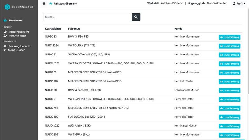 So sieht die Startmaske, sprich das „Dashboard“ aus, von dem aus die Werkstatt die mit dem DCoder ausgerüsteten Fahrzeuge verwaltet. (Bild: »kfz-betrieb« / Dominsky)