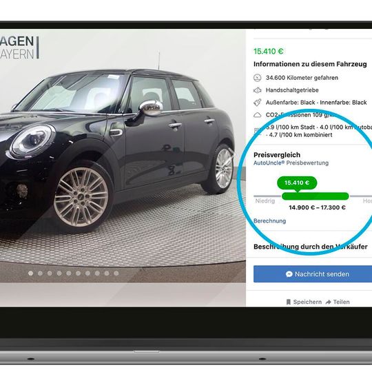 Die Auto-Uncle-Preisbewertung ist jetzt auch auf Facebook Marketplace sichtbar; wie hier bei einem Fahrzeug der HW-Gruppe.(Bild:  Auto Uncle)