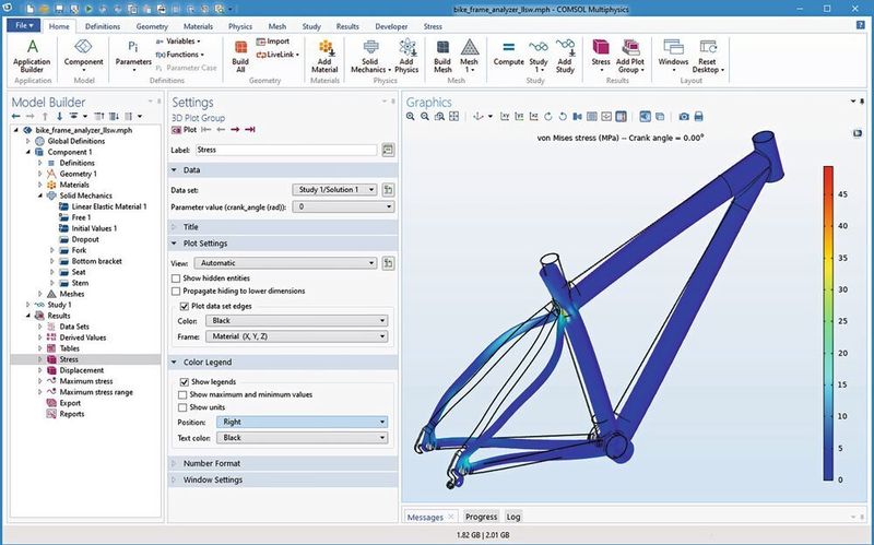 Dieses Beispiel zeigt ein Comsol-Multiphysics-Modell zur mechanischen Analyse eines Fahrradrahmens, welcher unterschiedlichen Lastfällen ausgesetzt ist. Trotz einer übersichtlichen  Oberfläche benötigt ein Anwender von Simulationssoftware etwas Hintergrundwissen, um mit einem Simulationsmodell zu arbeiten.  (Comsol)