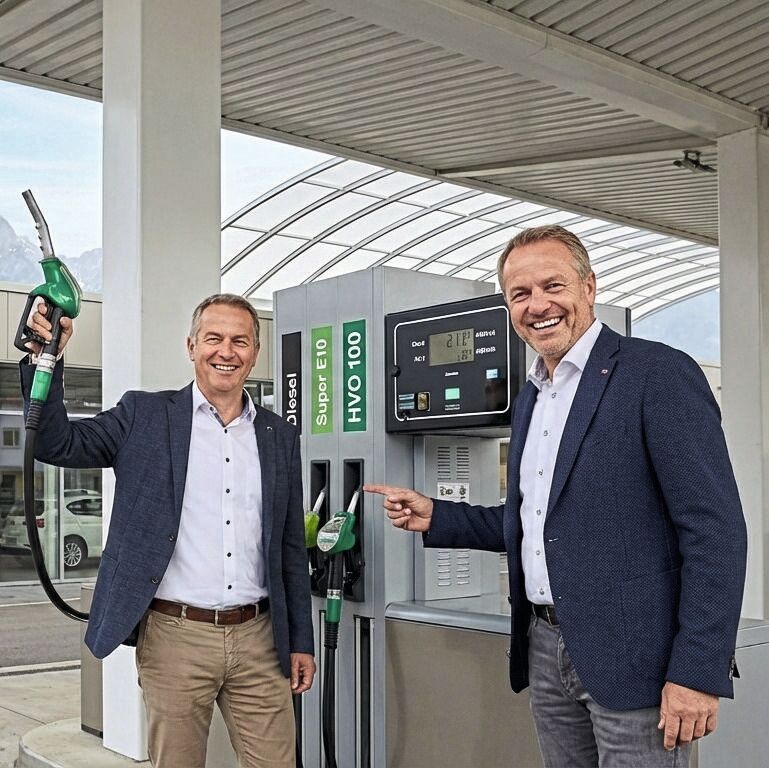 Die FAT-Mitgründer Patrick Odenthal (Autohaus Odenthal, l.) und Mirko Kleditzsch (Autoforum Kleditzsch) bei der Eröffnung des Standorts in Bad Händling in der einheitlichen FAT-CI.(Bild:  Google Gemini 3 Pro Image / KI-generiert)