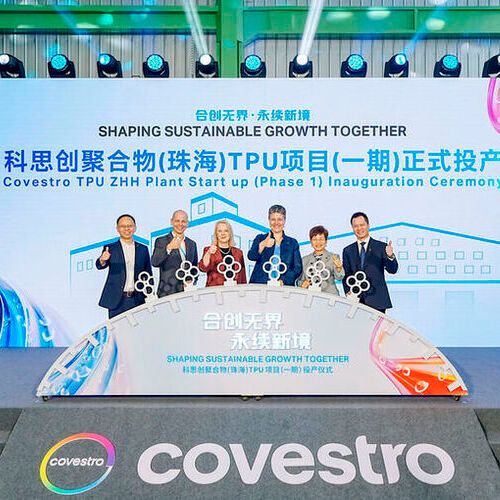 At the opening celebration of the new plant (from left to right): Edwin Wu, (Head of TPU Sales and Market Development South Korea, Southeast Asia and Greater China); Stephan Ehlers (Head of Operations TPU); Andrea Maier-Richter (Global Head of TPU); Monique Buch (Chief Commercial Officer); Holly Lei (President of Covestro China) and Kevin Ho (Head of TPU Sales and Market Development APAC).(Source:  Covestro)