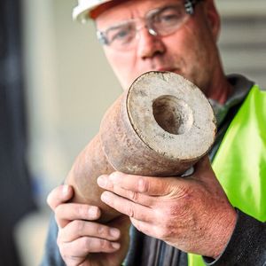 Mitunter werden die Schamottsteine auch in Metallhülsen geliefert, dann müssen sie sorgfältig aus der Hülle gelöst werden.(Bild:  Daniel Elke, Metso Germany)