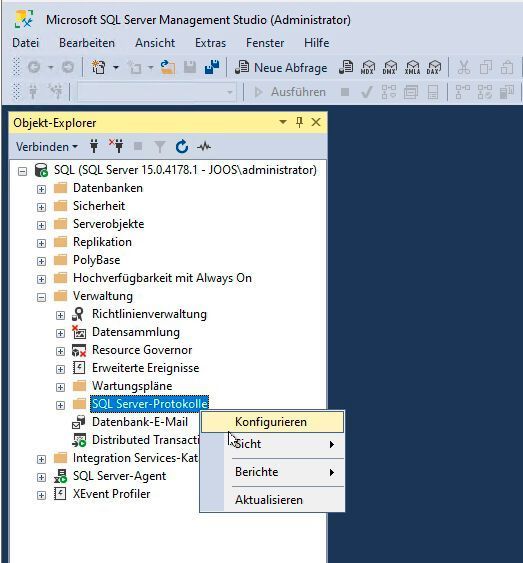 Anpassen der SQL-Server-Protokolle im SQL Server Management Studio. (Joos)