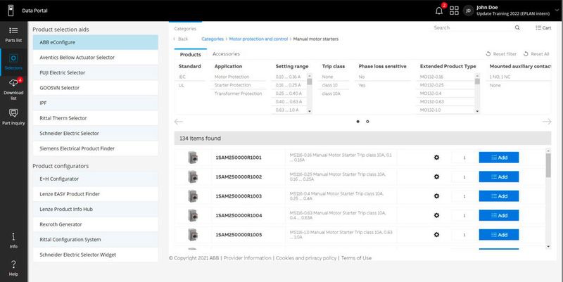 Über den jetzt integrierten Selektor e-Configure von ABB lassen sich Motorschutzschalter, Sicherungsrelais oder Leistungsschalter einfach im Eplan-Data-Portal konfigurieren. 