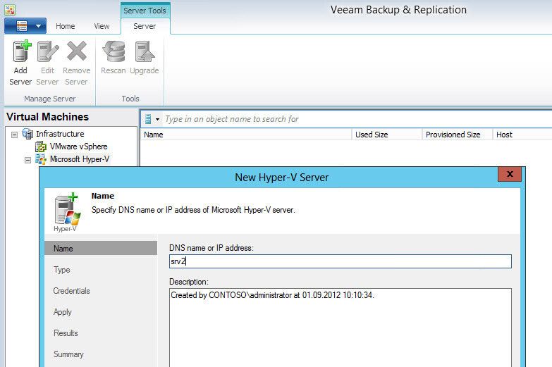 Abbildung 2: Über das Kontextmenü des entsprechenden Hypervisors lassen sich Virtualisierungs-Hosts schnell und einfach anbinden, indem Administratoren Add Server auswählen. Über einen Assistenten lassen sich IP-Adresse, Name und Anmeldedaten mitgeben. (Bild: Joos)