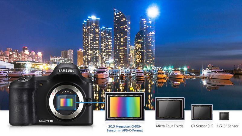Der besonders lichtempfindliche 20,3-Megapixel-CMOS-Sensor im APS-C-Format soll für klare und detailreiche Aufnahmen sogar bei schlechten Lichtverhältnissen sorgen. Die Abmessungen von 23,5 x 15,7 Millimeter sollen zudem eine bestmögliche Lichtausbeute gewährleisten. (Bild: Samsung)