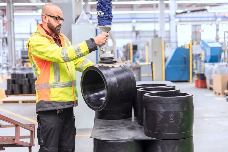 Der Schmalz-Rundsauggreifer hält diese Muffe trotz ihrer gewölbten Oberflächenkontur fest. Dabei unterstützt eine Silikonschürze. (Bild: M. Wagenhan)