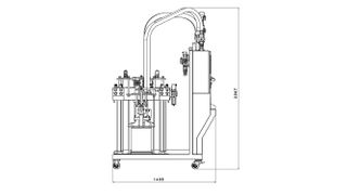Dosiermaschine Sonderhoff DM80 Static Mix in frontaler und seitlicher Ansicht, 
mit den Abmessung (B/T/H) 1200 x 1438 x 2267 mm. (Bild: Henkel)