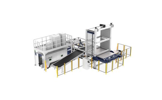 Der neu entwickelte Store Pro von HSG ist ein vielseitiges Drei-in-Eins-System, das unbemannte Nachtschichten, arbeitsarme Tagesschichten und die Produktion kleiner Losgrößen unterstützt und so sowohl die Effizienz als auch die Flexibilität maximiert.(Bild:  HSG Laser)