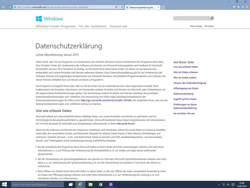 Die Datenschutzerklärung sollte man sich gut durchlesen. Denn die Windows-Preview meldet einiges an die Entwickler zurück. (Bild: IT-Business)
