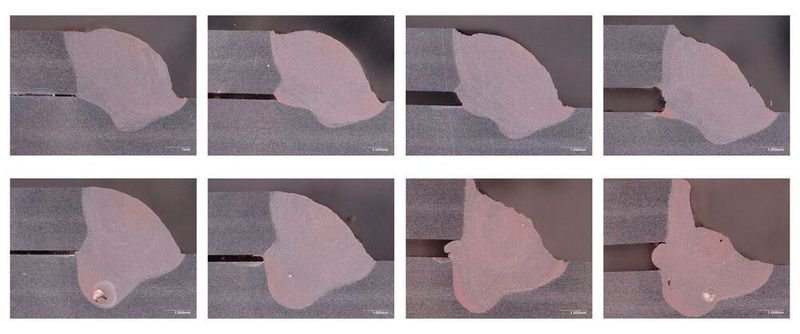 Die Tests, die WMG in England durchgeführt hat, zeigen beim Laserschweißen von Batteriekästen aus 6xxx-Aluminiumlegierung mit oszillierendem Laserstrahl (obere Reihe) eine deutlich verbesserte Schweißnahtqualität als ohne Oszillation. (Bild: WMG/University of Warwick)