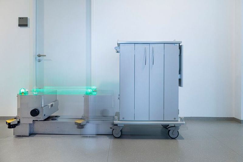 Der neu entwickelte Transportroboter hat einen omidirektionalen Antrieb und ist als Unterfahrschlepper konzipiert. Er kann auch unter diverse Handwagen fahren, diese aufnehmen und zum vorgegebenen Ziel bringen. (Bild: Fraunhofer IPA / R. Bez)