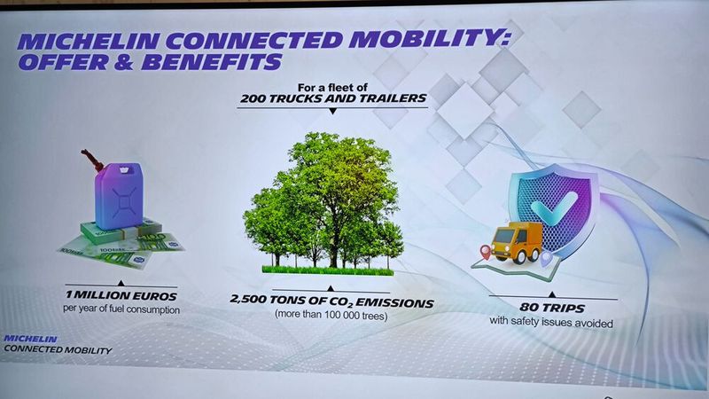 Auf geliehenen Bildschirmen präsentiert Michelin Factsheets zu den ökologischen Vorteilen seiner Fleetmanagement-Software. (Bild: SP-X/Mario Hommen)