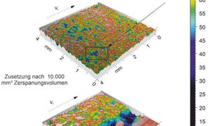 Verschleiß einer metallisch gebundenen Schleifscheibe (Korngröße: Dg = 54 µm) beim Schleifen von Hartmetall. (Leibniz Universität Hannover)