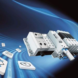 Ein Paradebeispiel für ein Produkt der geregelten Pneumatik ist das Festo Motion Terminal VTEM, mit dem Festo die Pneumatik digitalisiert. Diese Automatisierungsplattform nutzt Piezotechnologie und Motion-Apps, die es ermöglichen, über 50 Einzelkomponenten eines pneumatischen Steuerkreises zu ersetzen.(Bild:  Festo)
