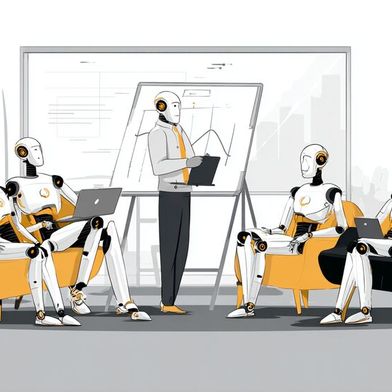 Team-Meeting unter KI-Aenten (Bild: Midjourney / KI-generiert)