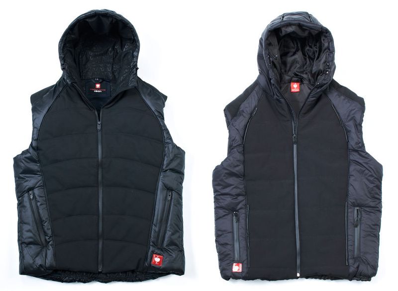 Plagiarius-Preisträger 2016: Sonderpreis Fälschung, Winterweste “e.s. vision”, links Original: engelbert strauss GmbH & Co. KG, Biebergemünd, Deutschland, rechts Fälschung: Vertrieb: Deutschland, Flohmarkt-Händler, Name unbekannt (Aktion Plagiarius)