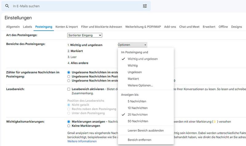 Festlegen der Unteroptionen des sortierten Posteingangs für das Sortieren von E-Mails.  (Bild: Joos - Google)