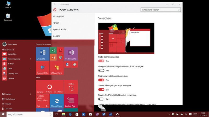 Eine der kosmetischen Änderungen ist, dass das Startmenü nun auch vier Reihen von Kacheln anzeigen kann. (Bild: VIT)