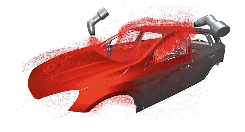 Berechnung der Tropfenflugbahn: Multiphysikalische Simulation eines Hochrotationszerstäubers mit Kontaktaufladung am Beispiel einer Volvo V60 Karosserie. (Fraunhofer FCC)