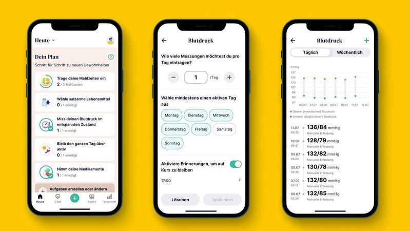 Die App „Oviva Direkt Bluthochdruck“ soll Blutdruck und Gewicht gleichtzeitig senken.(Bild:  Oviva, bearbeitet mit Canva)