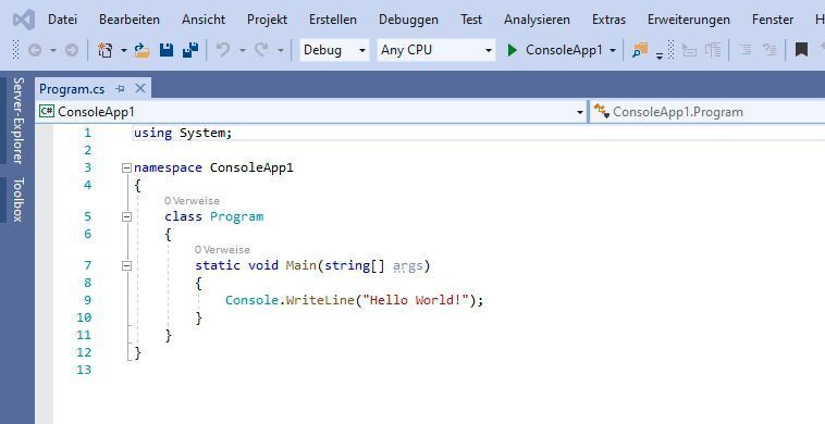 Bereits beim Erstellen eines C# Programmes in Visual Studio sind verschiedene Schlüsselwörter zu sehen.  (Joos / Microsoft)