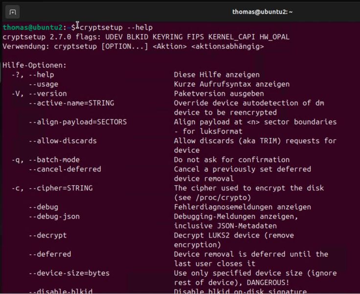 Mit cryptsetup verwaltet Linux LUKS-verschlüsselte Datenträger und unterstützt unter anderem Hardware-Beschleunigung über das HW_OPAL-Flag. (Bild: Joos)
