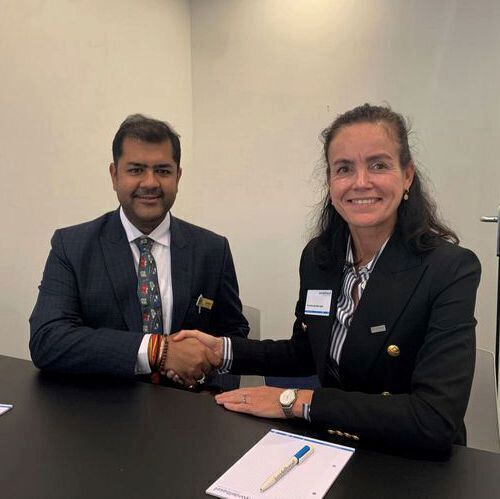 Shakti Plastics Industries Managing Director Rahul V Podaar and Lyondell Basell Executive Vice President Yvonne van der Laan after signing the MOU.