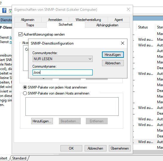 Um Windows-Server mit SNMP zu überwachen, müssen die Sicherheitseinstellungen des SNMP-Dienstes gesetzt werden. (Cacti)