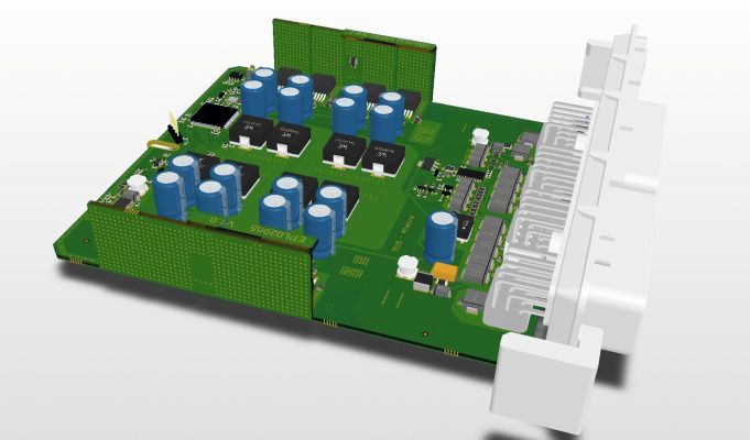 Bild 3: Acht Halbbrücken müssen mit 3 x 15-A-Leitungen zu den Steckern angeschlossen sein. Die Wärme wird über zwei Biegekanten und Leiterplattenlaschen an das Gehäuse ableitet. (Bild: technosert)