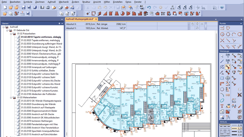 DIG-CAD-7-Aufmaß 5.0 mit Aufmaßebenen aus dem Leistungsverzeichnis.(Bild:  MWM Software & Beratung GmbH)