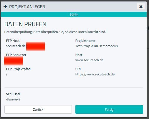 Anlegen eines Test-Projekts – Schritt 5 von 5; Abschließendes überprüfen der Eingaben und beenden des Setup. (R. Dombach)