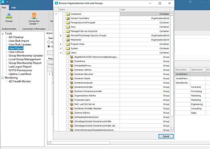 Auswählen der OUs oder Sicherheitsgruppen für den Export von Daten mit dem AD User Export Tool. (Bild: Joos / Active Directory Pro)