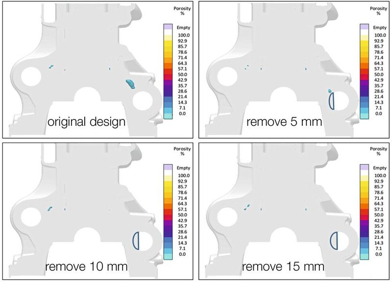 Im nächsten Schritt passten die Anwender die Geometrie des Gussteils an. Zunächst entfernten sie einen Teil des Kerns. Entfernen sie ein mind. 10 mm breites Kreissegment, entsteht keine Porosität im kritischen Bereich. (Bild: Magma)