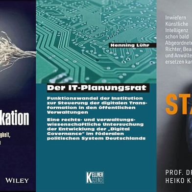 Drei Fachbücher behandeln zentrale Aspekte moderner Verwaltungsführung und digitaler Governance. (Bild: Wiley VCH, Kellner Science, Plassen Verlag Collage: Vogel IT-Medien)
