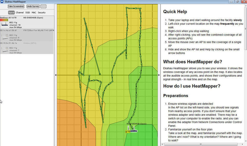 Abbildung 1: Ekahau HeatMapper erstellt ein Schaubild über die Empfangssituation des WLAN-Router: grün = guter Empfang der Signale, rot = schlechter Empfang der Signale. (Archiv: Vogel Business Media)