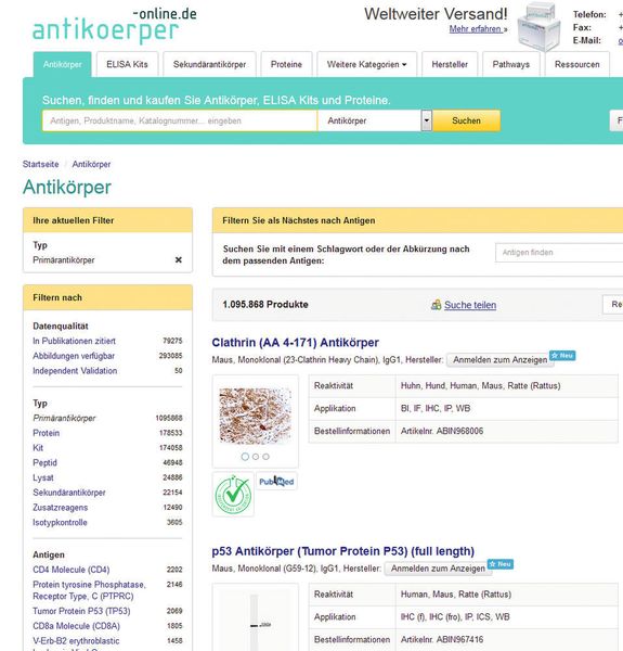 Abb.2: Antikoerper-online bietet ausführliche Filtermöglichkeiten bei der Suche nach dem geeigneten Reagenz. (LABORPRAXIS)