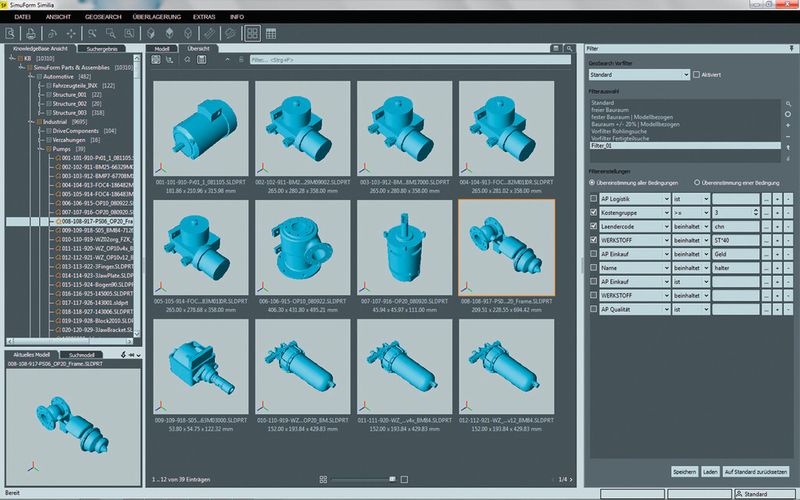 Bild 2: Über die geometrische Ähnlichkeitssuche werden ähnliche und identische 3D-CAD-Daten aus der Vergangenheit identifiziert und als 3D-Darstellung ausgegeben. (Bild: Simuform)