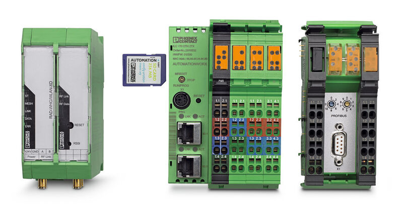 Fig. 1: Phoenix Contact’s solution for mapping the most important parts of Hart communication in the Profibus protocol consists of a gateway, an SC card, a mapping controller, and a Profibus connection. (Picture: Phoenix Contact)