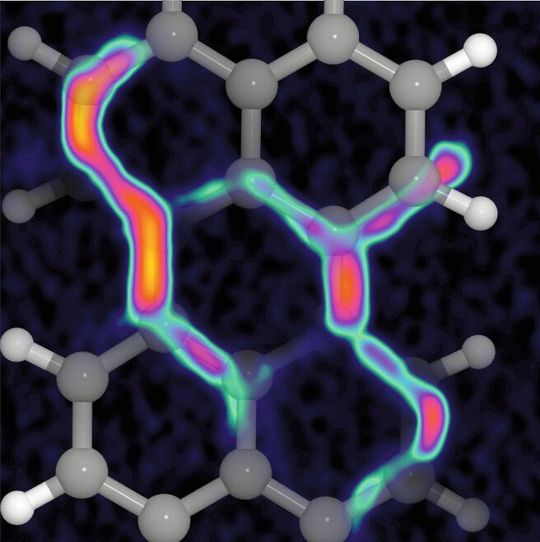 Stäbchenmodell des verwendeten Moleküls. Der starke Anstieg im Anregungssignal, während der Oszillation der Spitze über die einzelnen chemischen Bindungen, ist in Farbe überlagert (Farbschema blau bis orange). Stäbchenmodell des verwendeten Moleküls. Der starke Anstieg im Anregungssignal, während der Oszillation der Spitze über die einzelnen chemischen Bindungen, ist in Farbe überlagert (Farbschema blau bis orange).
