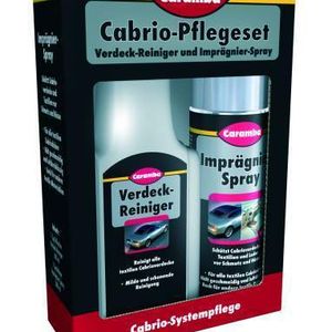Das Verdeckpflegeset von Caramba enthält einen Reiniger, der mild und schonend zum Material und gleichzeitig hart gegen den Schmutz ist.